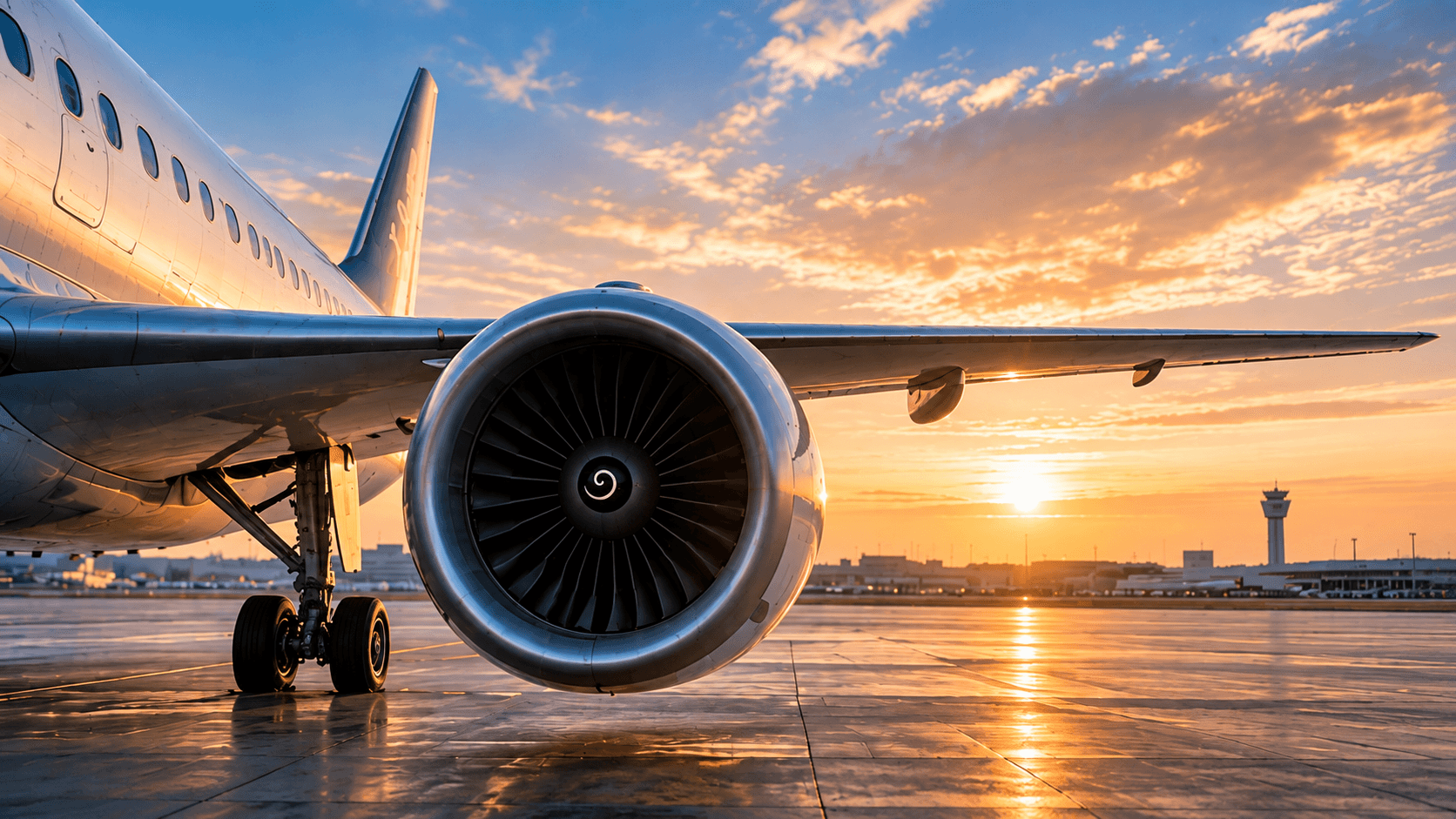 Aircraft engine at sunset on the tarmac