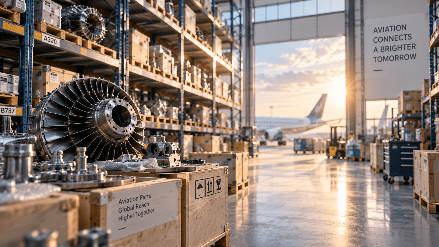 Aerospace parts staged for shipment in a warehouse
